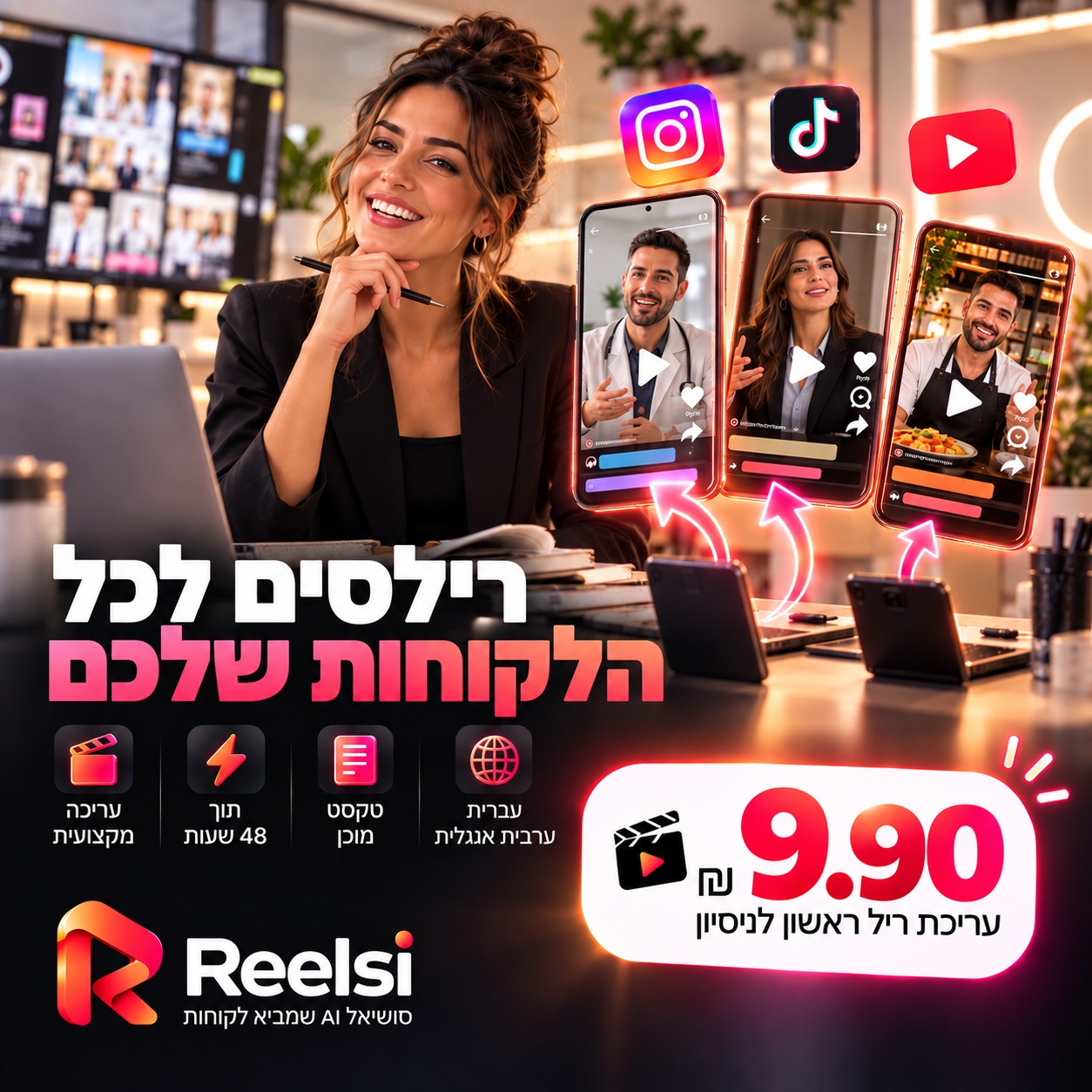Reelsi למשווקים ומנהלי סושיאל: סרטונים של כמה לקוחות הופכים לרילסים ערוכים עם כתוביות והמיתוג של כל לקוח