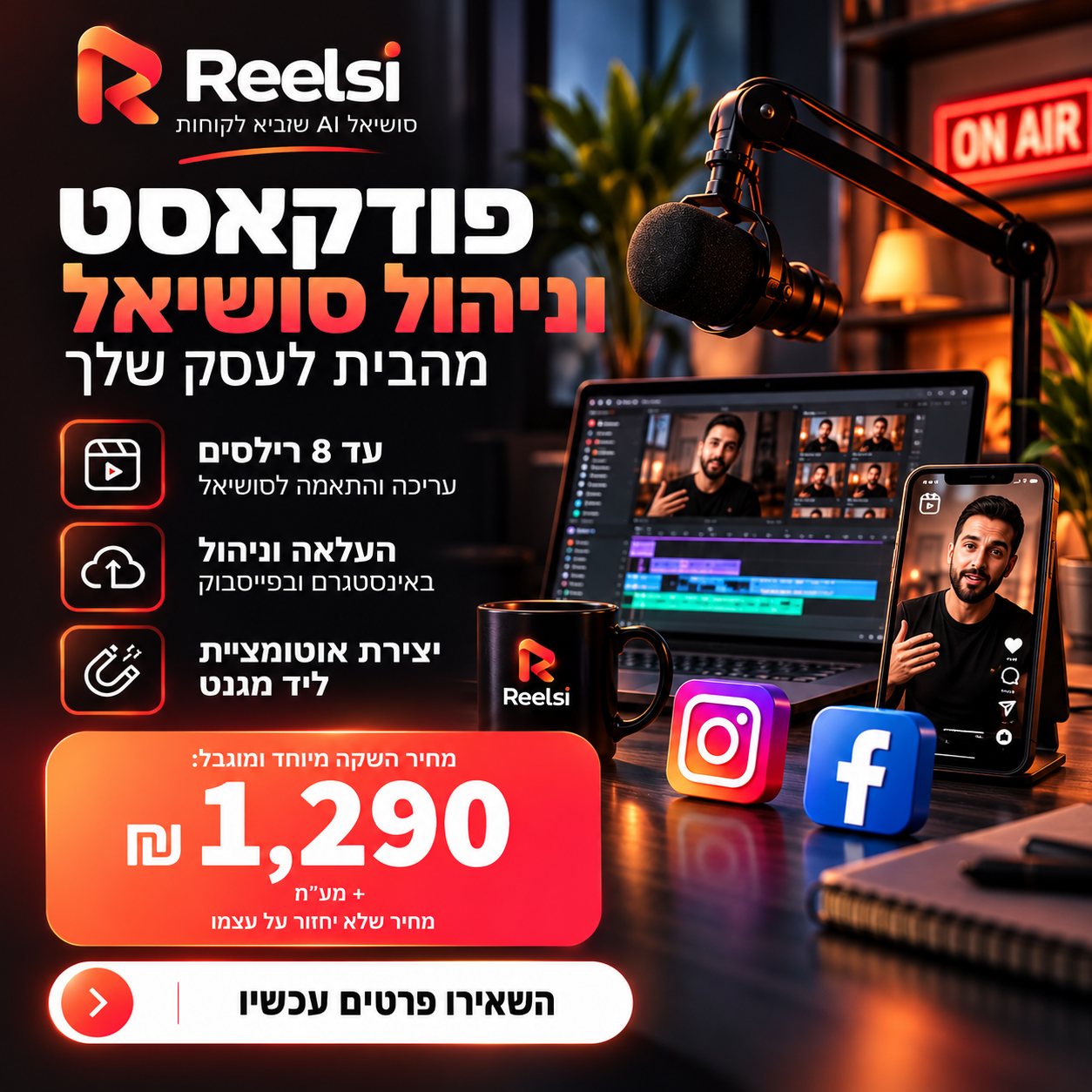 פודקאסט וניהול סושיאל מהבית לעסק שלך: עד 8 רילסים, העלאה וניהול באינסטגרם ובפייסבוק, ויצירת אוטומציית ליד מגנט. 1,290 ₪ + מע״מ